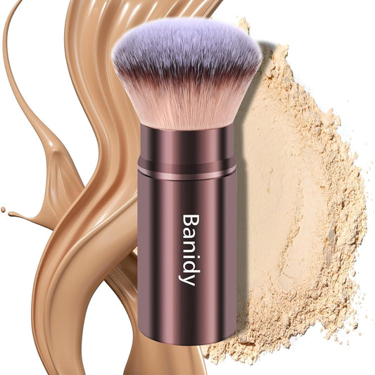 Retractable Kabuki Makeup Brush for Foundation, Powder, and Cream - Portable and Cruelty-Free with Protective Cover (Round Head)